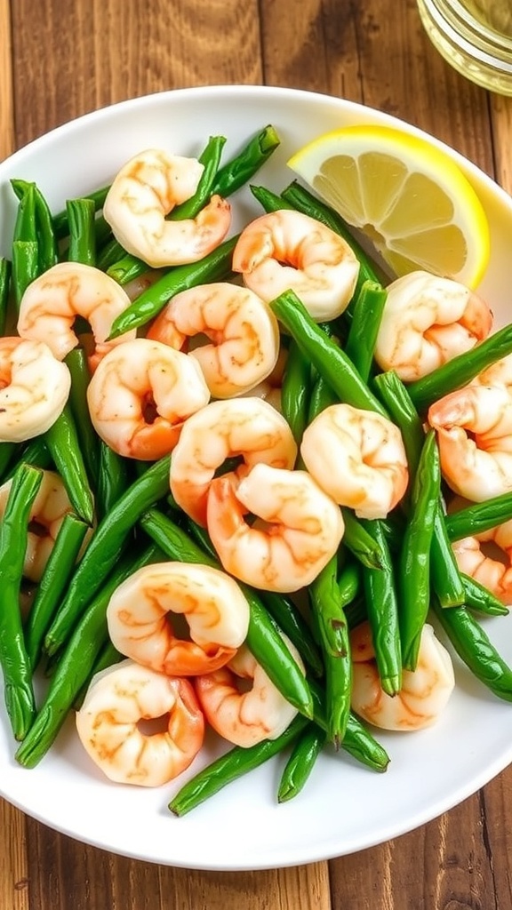 Air Fryer Shrimp and Green Beans Recipe Air fryer shrimp and green beans served on a plate with lemon wedges.